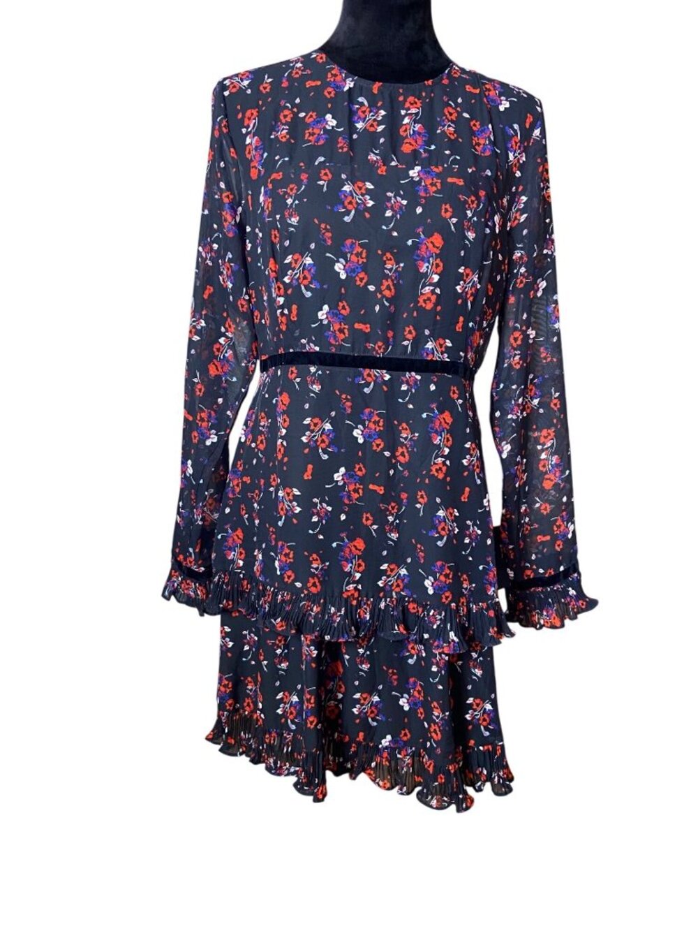 Lulus Floral Print Long Sleeve Tiered Mini Dress With Ruffle Trim & Velvet Accen